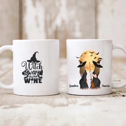 Halloweenowy kubek personalizowany dla przyjaciółek | motyw z wiedźmami i nietoperzami