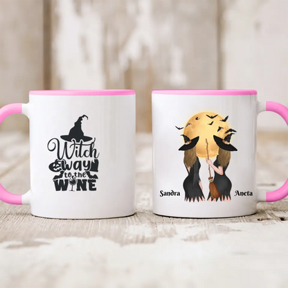 Halloweenowy kubek personalizowany dla przyjaciółek | motyw z wiedźmami i nietoperzami