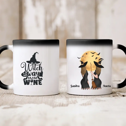 Halloweenowy kubek personalizowany dla przyjaciółek | motyw z wiedźmami i nietoperzami