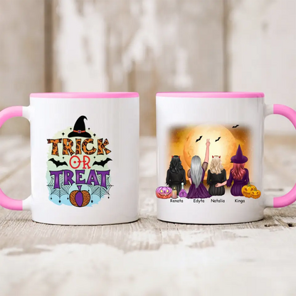 Halloweenowy kubek personalizowany dla przyjaciółek TRICK OR TREAT | motyw z wiedźmami #1
