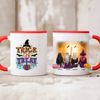 Halloweenowy kubek personalizowany dla przyjaciółek TRICK OR TREAT | motyw z wiedźmami #1