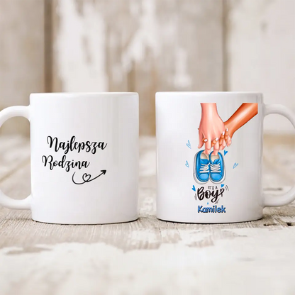 Kubek personalizowany na narodziny chłopca IT'S A BOY | motyw z bucikami #P6