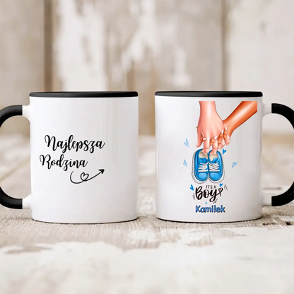 Kubek personalizowany na narodziny chłopca IT'S A BOY | motyw z bucikami #P6