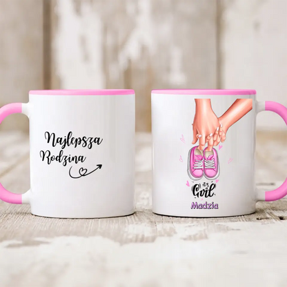 Kubek personalizowan na narodziny dziewczynki IT'S A GIRL | motyw z bucikami #P7