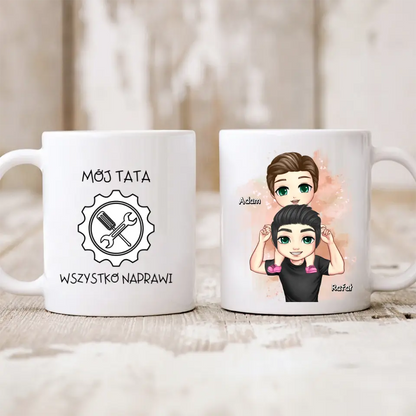 Kubek personalizowany dla taty i syna MÓJ TATA WSZYSTKO NAPRAWI | z personalizacją imion #P27