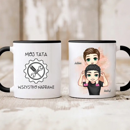 Kubek personalizowany dla taty i syna MÓJ TATA WSZYSTKO NAPRAWI | z personalizacją imion #P27