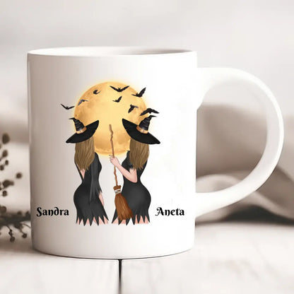 Halloweenowy kubek personalizowany dla przyjaciółek | motyw z wiedźmami i nietoperzami