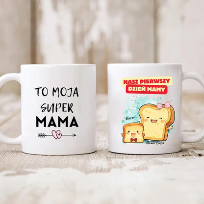 Kubek personalizowany dla mamy i dziecka NASZ PIERWSZY DZIEŃ MAMY | motyw z kromkami chleba #545