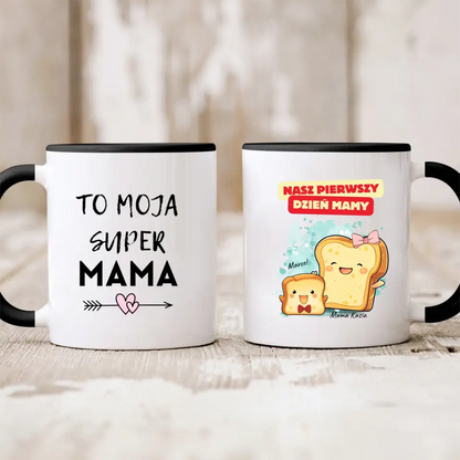 Kubek personalizowany dla mamy i dziecka NASZ PIERWSZY DZIEŃ MAMY | motyw z kromkami chleba #545