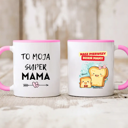 Kubek personalizowany dla mamy i dziecka NASZ PIERWSZY DZIEŃ MAMY | motyw z kromkami chleba #545