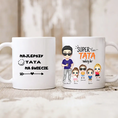 Kubek personalizowany dla taty i dzieci SUPER TATA NALEŻY DO | z personalizacją imion #543