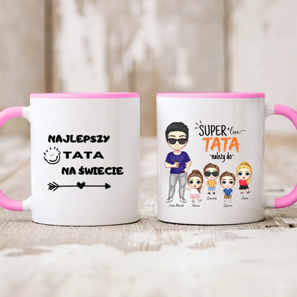Kubek personalizowany dla taty i dzieci SUPER TATA NALEŻY DO | z personalizacją imion #543