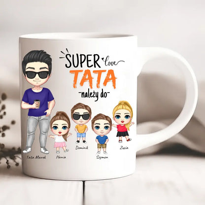 Kubek personalizowany dla taty i dzieci SUPER TATA NALEŻY DO | z personalizacją imion #543