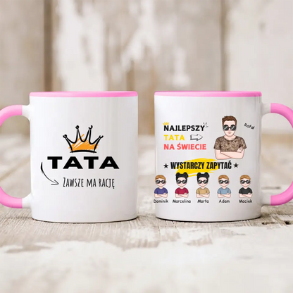 Kubek personalizowany dla taty z dziećmi NAJLEPSZY TATA NA ŚWIECIE WYSTARCZY ZAPYTAĆ | z personalizacją imion #5133