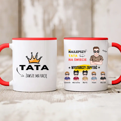 Kubek personalizowany dla taty z dziećmi NAJLEPSZY TATA NA ŚWIECIE WYSTARCZY ZAPYTAĆ | z personalizacją imion #5133