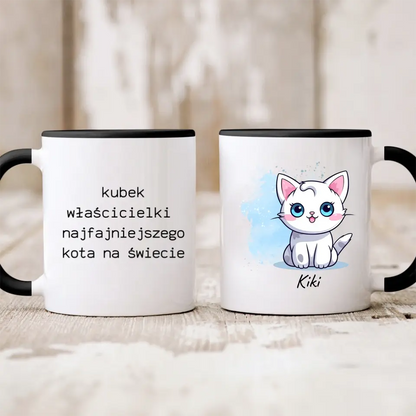 Kubek personalizowany dla właściciela kota KUBEK WŁAŚCICIELKI NAJFAJNIEJSZEGO KOTA NA ŚWIECIE | motyw z uroczym kotkiem #5983