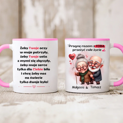 Kubek personalizowany dla par PRAGNĘ Z TOBĄ PRZEŻYĆ CAŁE ŻYCIE | romantyczny motyw #422