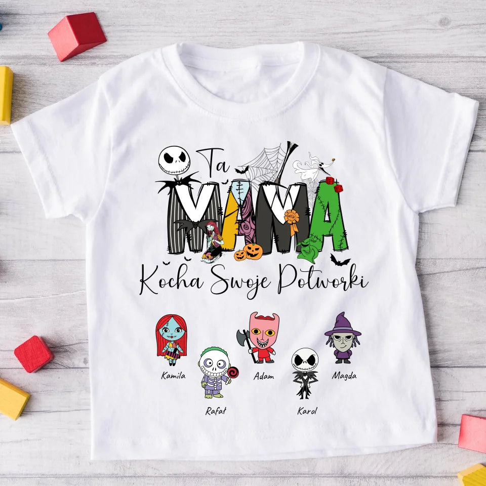 Koszulka rodzinna - 1-5 dzieci - mama kocha swoje potworki - Personalizowana - Prezent na Halloween #5535