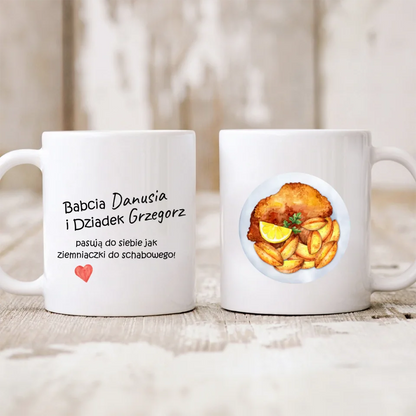 Kubek personalizowany dla dziadków PASUJĄ DO SIEBIE JAK ZIEMNIACZKI I SCHABOWY! | zabawny motyw #01342