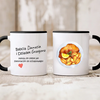 Kubek personalizowany dla dziadków PASUJĄ DO SIEBIE JAK ZIEMNIACZKI I SCHABOWY! | zabawny motyw #01342