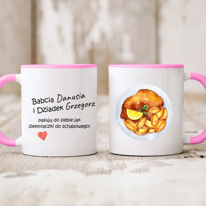 Kubek personalizowany dla dziadków PASUJĄ DO SIEBIE JAK ZIEMNIACZKI I SCHABOWY! | zabawny motyw #01342