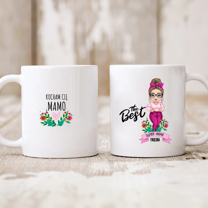 Kubek personalizowany dla mamy THE BEST SUPER MAMA | z personalizacją postaci #1267