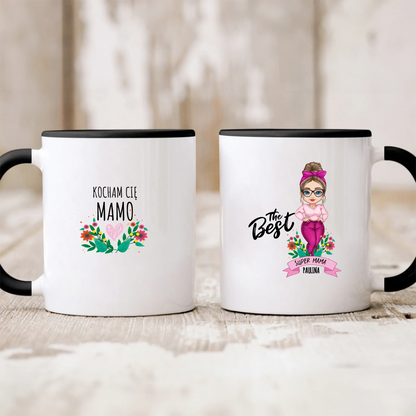 Kubek personalizowany dla mamy THE BEST SUPER MAMA | z personalizacją postaci #1267
