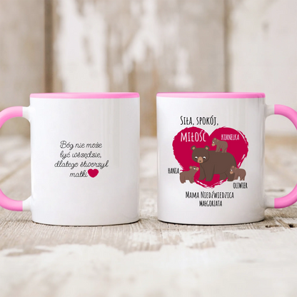 Kubek personalizowany dla mamy SIŁA, SPOKÓJ, MIŁOŚĆ | motyw z rodziną niedźwiedzi #775