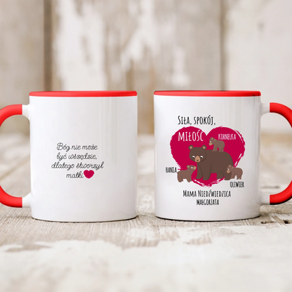 Kubek personalizowany dla mamy SIŁA, SPOKÓJ, MIŁOŚĆ | motyw z rodziną niedźwiedzi #775