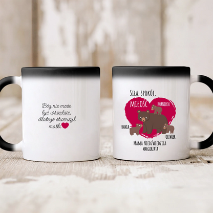 Kubek personalizowany dla mamy SIŁA, SPOKÓJ, MIŁOŚĆ | motyw z rodziną niedźwiedzi #775