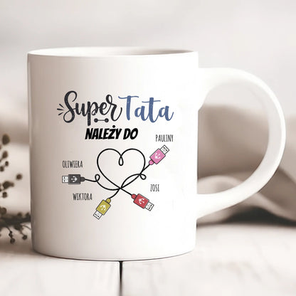 Kubek personalizowany dla taty SUPER TATA NALEŻY DO | z personalizacją imion #567