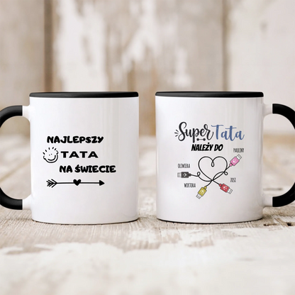 Kubek personalizowany dla taty SUPER TATA NALEŻY DO | z personalizacją imion #567
