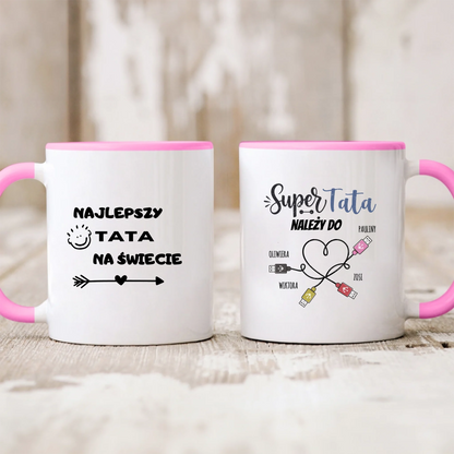 Kubek personalizowany dla taty SUPER TATA NALEŻY DO | z personalizacją imion #567