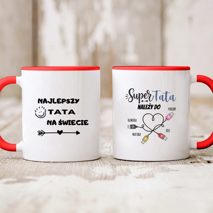 Kubek personalizowany dla taty SUPER TATA NALEŻY DO | z personalizacją imion #567