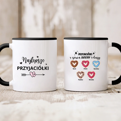 Kubek personalizowany dla przyjaciółek PRZYJACIÓŁKI Z SERCA SIOSTRY Z DUSZY | motyw z pączkami #504