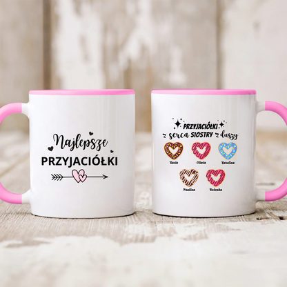 Kubek personalizowany dla przyjaciółek PRZYJACIÓŁKI Z SERCA SIOSTRY Z DUSZY | motyw z pączkami #504