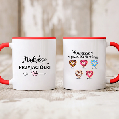Kubek personalizowany dla przyjaciółek PRZYJACIÓŁKI Z SERCA SIOSTRY Z DUSZY | motyw z pączkami #504