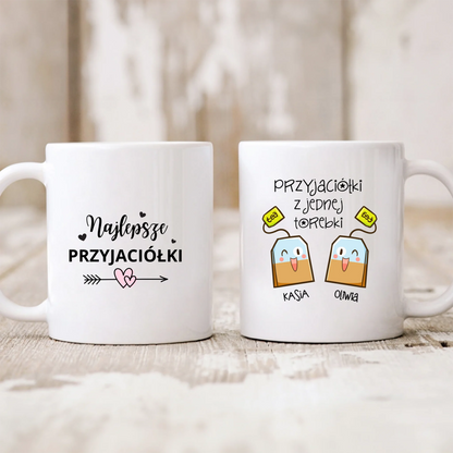 Kubek personalizowany dla przyjaciółek PRZYJACIÓŁKI Z JEDNEJ TOREBKI | zabawny motyw z herbatą #501