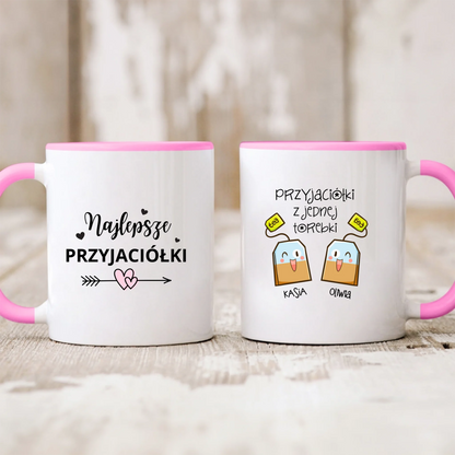Kubek personalizowany dla przyjaciółek PRZYJACIÓŁKI Z JEDNEJ TOREBKI | zabawny motyw z herbatą #501