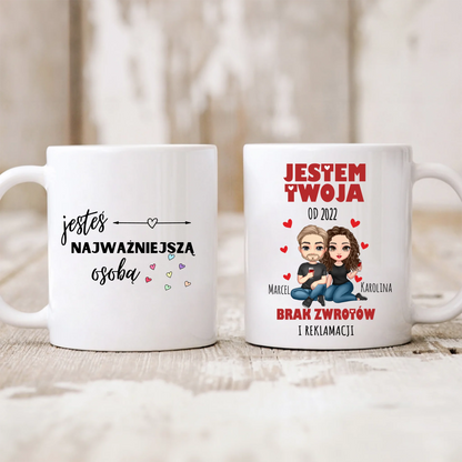Kubek personalizowany dla par JESTEM TWOJA OD BRAK ZWROTÓW | zabawny motyw na rocznice #241