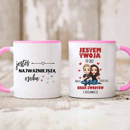 Kubek personalizowany dla par JESTEM TWOJA OD BRAK ZWROTÓW | zabawny motyw na rocznice #241