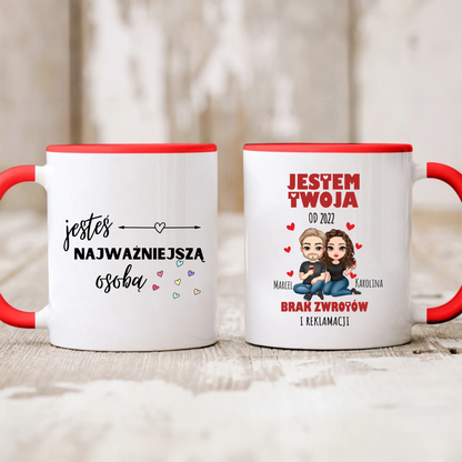 Kubek personalizowany dla par JESTEM TWOJA OD BRAK ZWROTÓW | zabawny motyw na rocznice #241