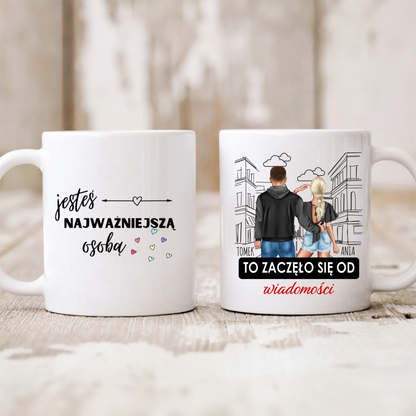 Kubek personalizowany dla par TO ZACZĘŁO SIĘ OD WIADOMOŚCI | romantyczny motyw #245