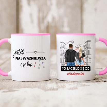 Kubek personalizowany dla par TO ZACZĘŁO SIĘ OD WIADOMOŚCI | romantyczny motyw #245
