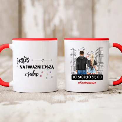 Kubek personalizowany dla par TO ZACZĘŁO SIĘ OD WIADOMOŚCI | romantyczny motyw #245