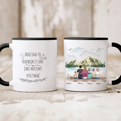 Kubek personalizowany dla rodziny z pupilami | motyw z jeziorem