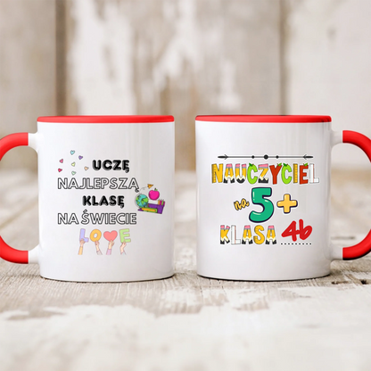 Kubek personalizowany dla nauczyciela UCZĘ NAJLEPSZĄ KLASĘ NA ŚWIECIE. NAUCZYCIEL NA 5+ | z personalizacją numeru klasy #154