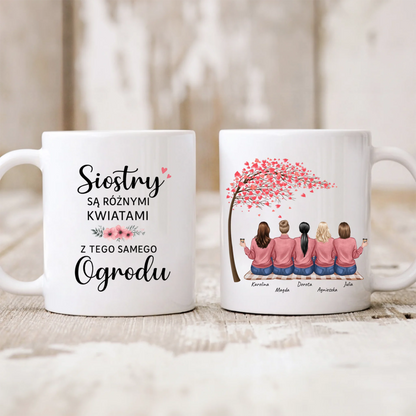 Kubek personalizowany dla sióstr SIOSTRY SĄ RÓŻNYMI KWIATAMI Z TEGO SAMEGO OGRODU | z personalizacją imion #10092