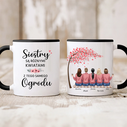 Kubek personalizowany dla sióstr SIOSTRY SĄ RÓŻNYMI KWIATAMI Z TEGO SAMEGO OGRODU | z personalizacją imion #10092