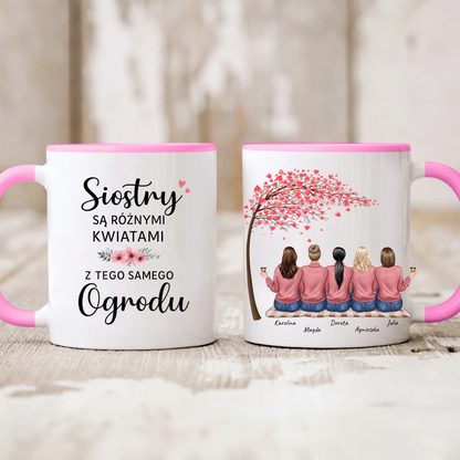 Kubek personalizowany dla sióstr SIOSTRY SĄ RÓŻNYMI KWIATAMI Z TEGO SAMEGO OGRODU | z personalizacją imion #10092